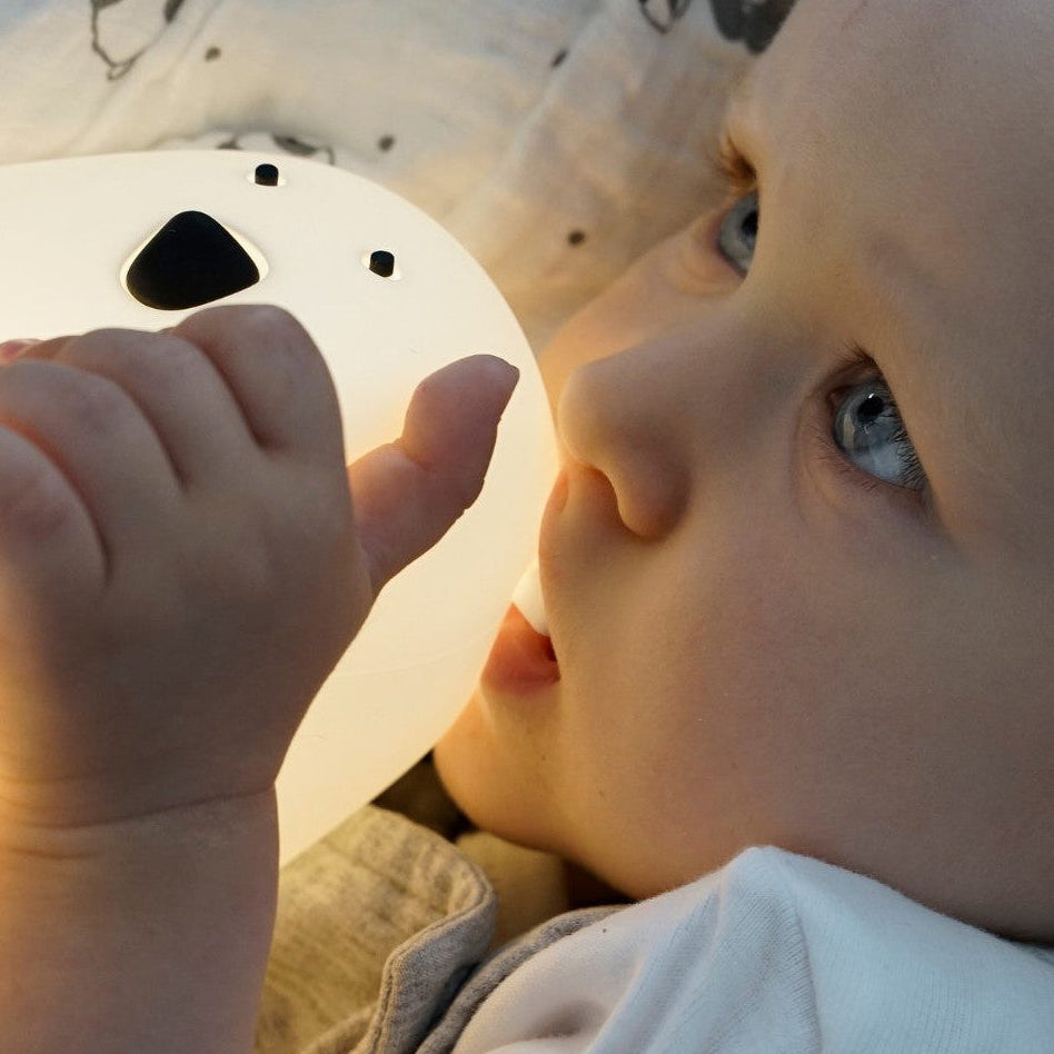 Baby holding a glowing night lamp with a soft focus background