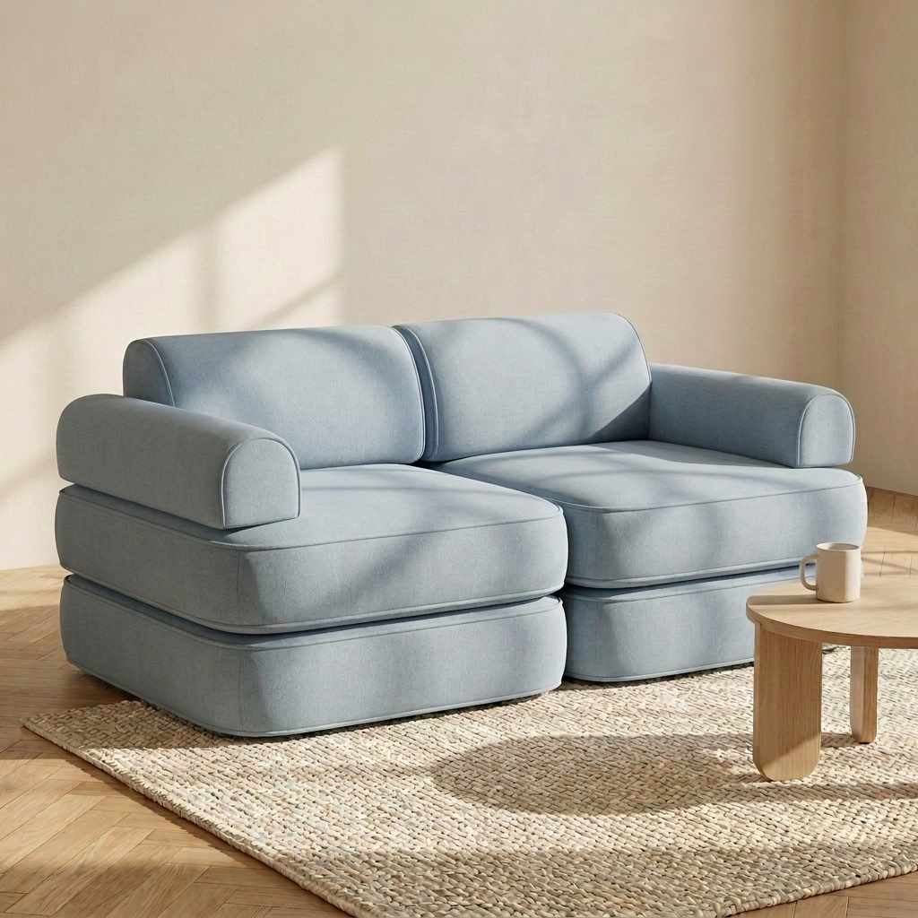 A light blue modular upholstered sofa with two chaise lounge sections, styled in a modern living room setting on a woven rug with a small wooden side table.